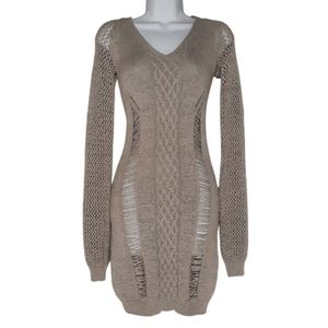 BDB DAVID BITTON Vesta Distressed Knit Sweater Mushroom Tan Long Sleeve Dress